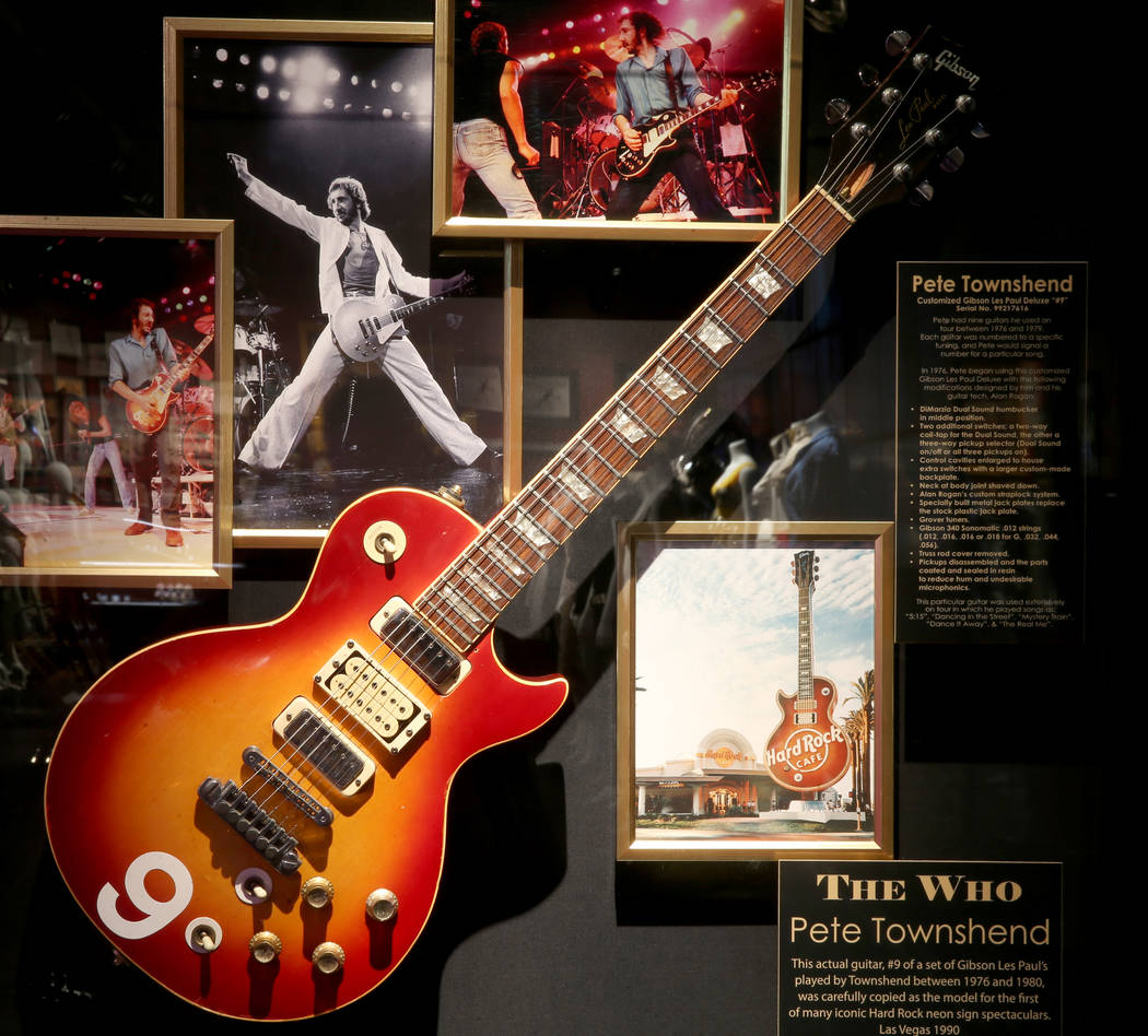 The Who's Pete Townshend's guitar used as the model for the Hard Rock neon sign at a new rock m ...