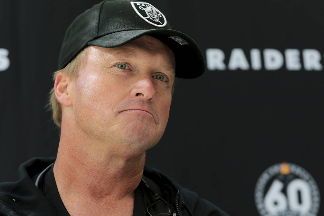 Oakland Raiders' head coach Jon Gruden attends a press conference after a practice session at t ...