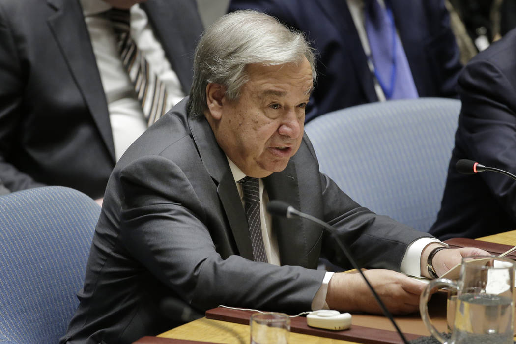 FILE - In this Sept. 25, 2019 file photo, United Nations Secretary-General Antonio Guterres spe ...