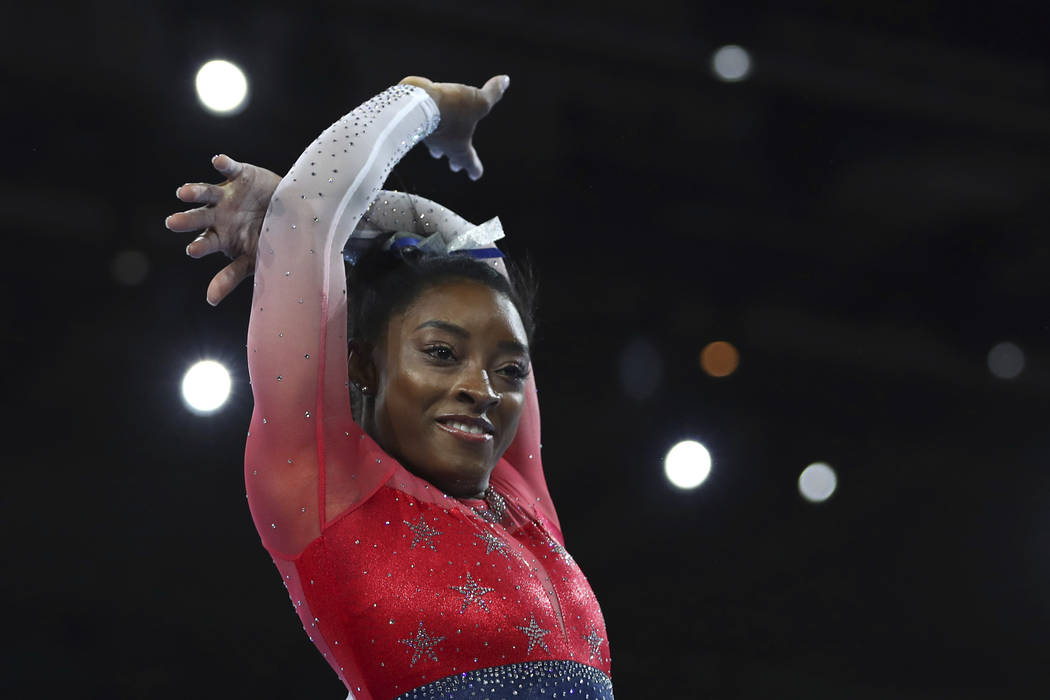 Simone Biles of the U.S. performs on the floor during women's team final at the Gymnastics Worl ...