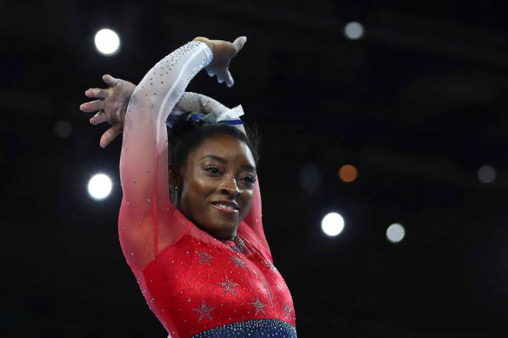 Simone Biles of the U.S. performs on the floor during women's team final at the Gymnastics Worl ...