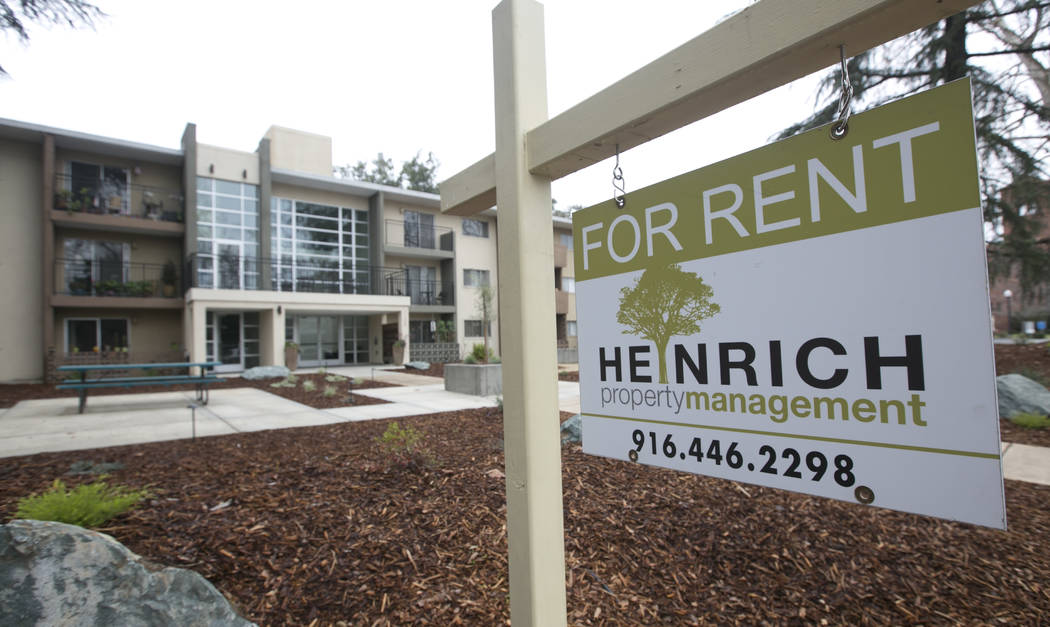 FILE - This Monday, Jan. 8, 2017, file photo shows a "For Rent" sign outside an apart ...