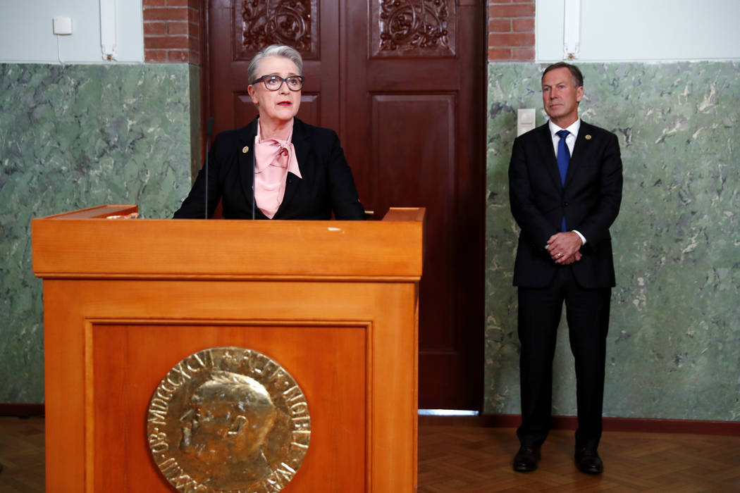 Berit Reiss-Andersen, chairwoman of the five-member Norwegian Nobel Institute, announces the 20 ...