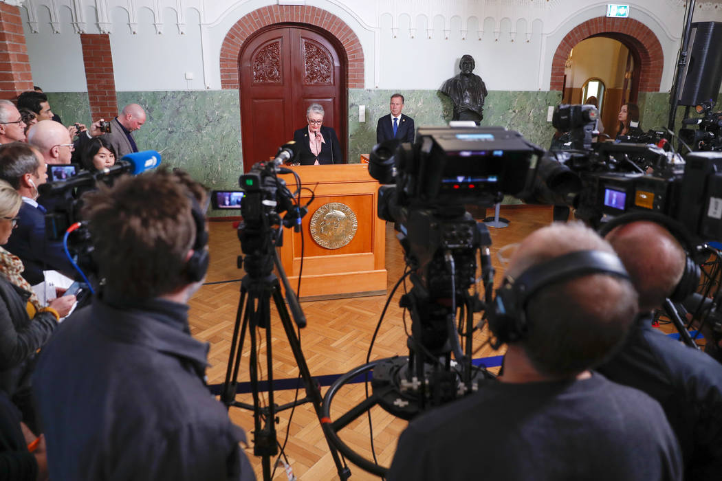 Berit Reiss-Andersen, chairwoman of the five-member Norwegian Nobel Institute, announces the 20 ...