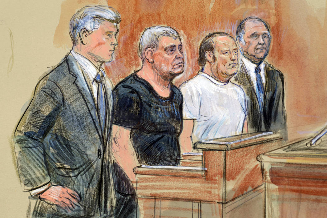 This courtroom sketch depicts from left, attorney Kevin Downing, Lev Parnas, Igor Fruman, and a ...