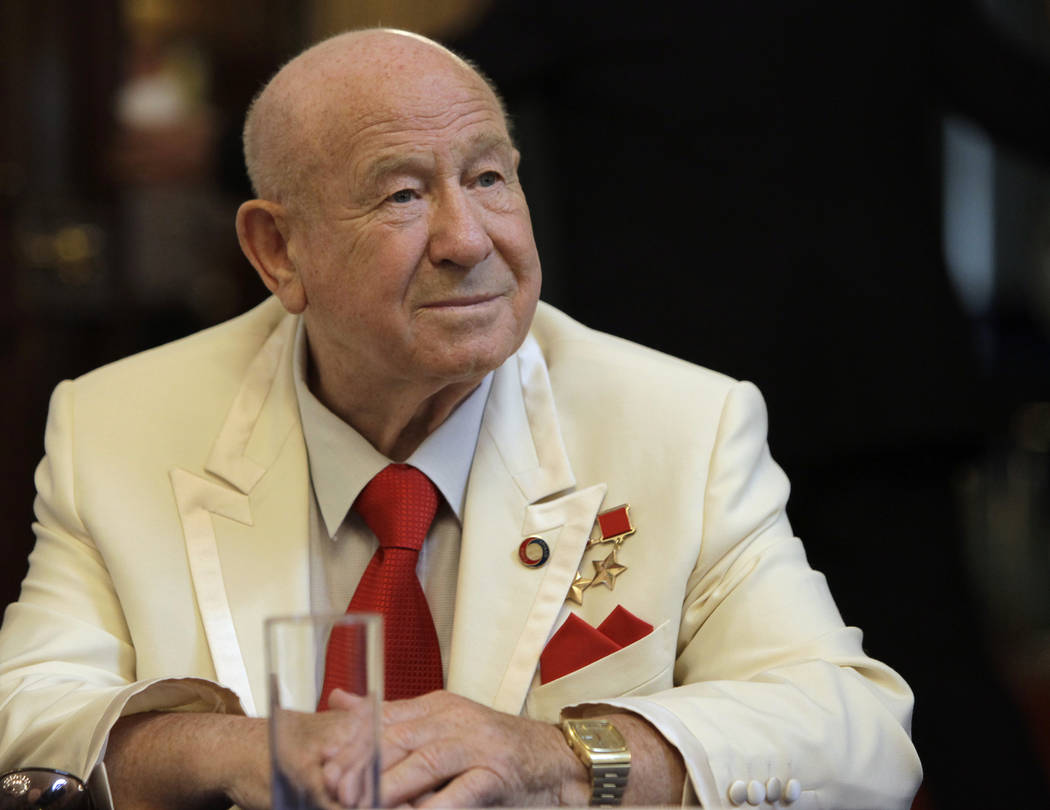 FILE - In this Tuesday, July 20, 2010 file photo, former Russian cosmonaut Alexei Leonov speaks ...