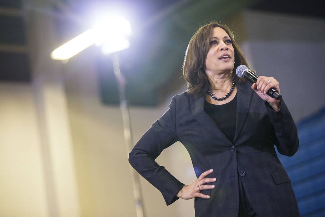 U.S. Sen. Kamala Harris, D-Calif., a Democratic presidential hopeful, speaks during a campaign ...