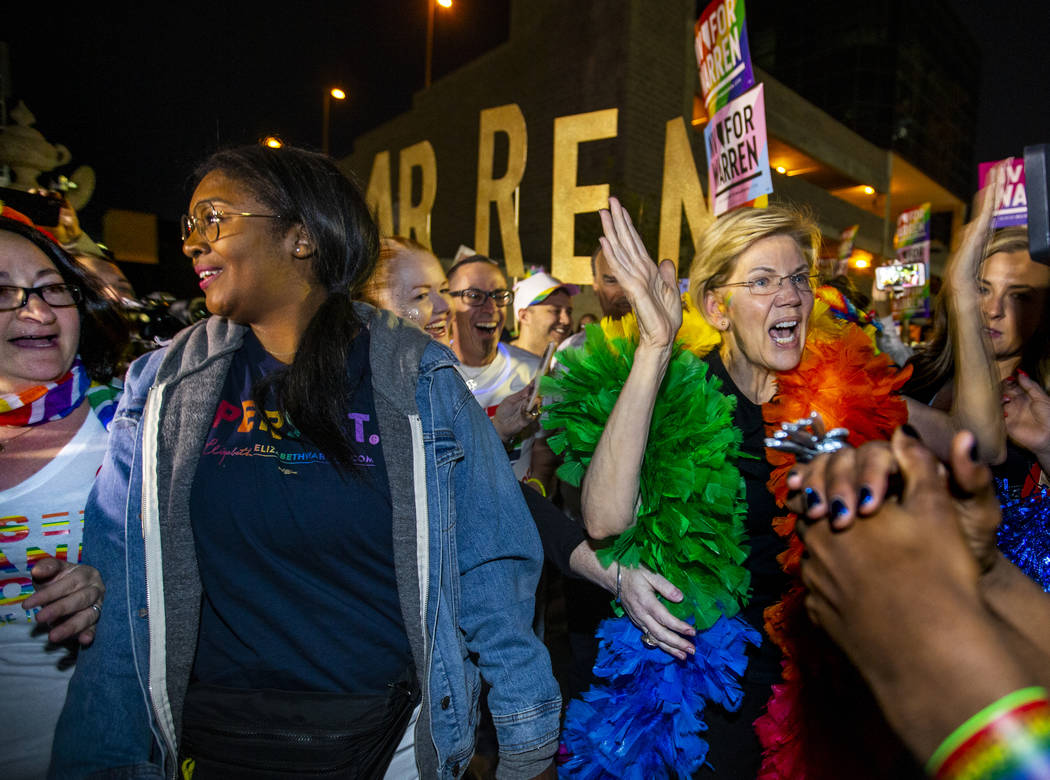 Democratic presidential candidate Sen. Elizabeth Warren, D-Mass., marching in the Pride parade ...