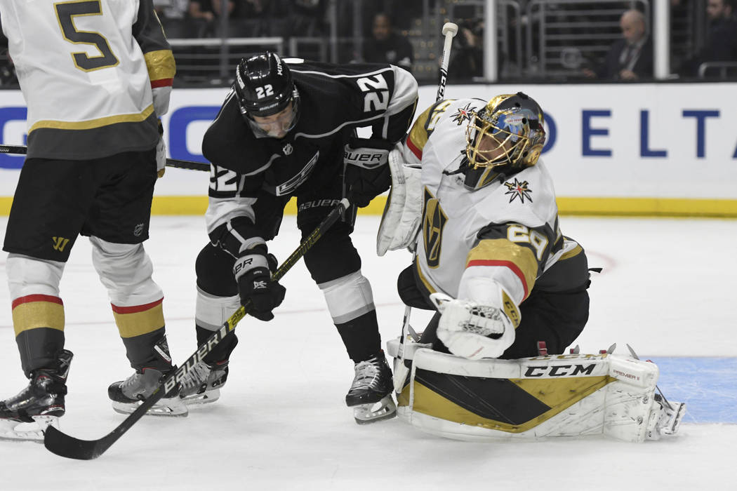 Vegas Golden Knights goalie Marc-Andre Fleury makes a save as Los Angeles Kings center Trevor L ...