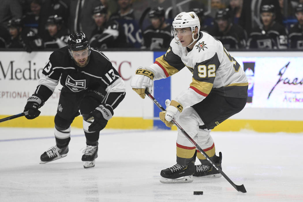 Vegas Golden Knights center Tomas Nosek, of the Czech Republic, advances the puck as Los Angele ...