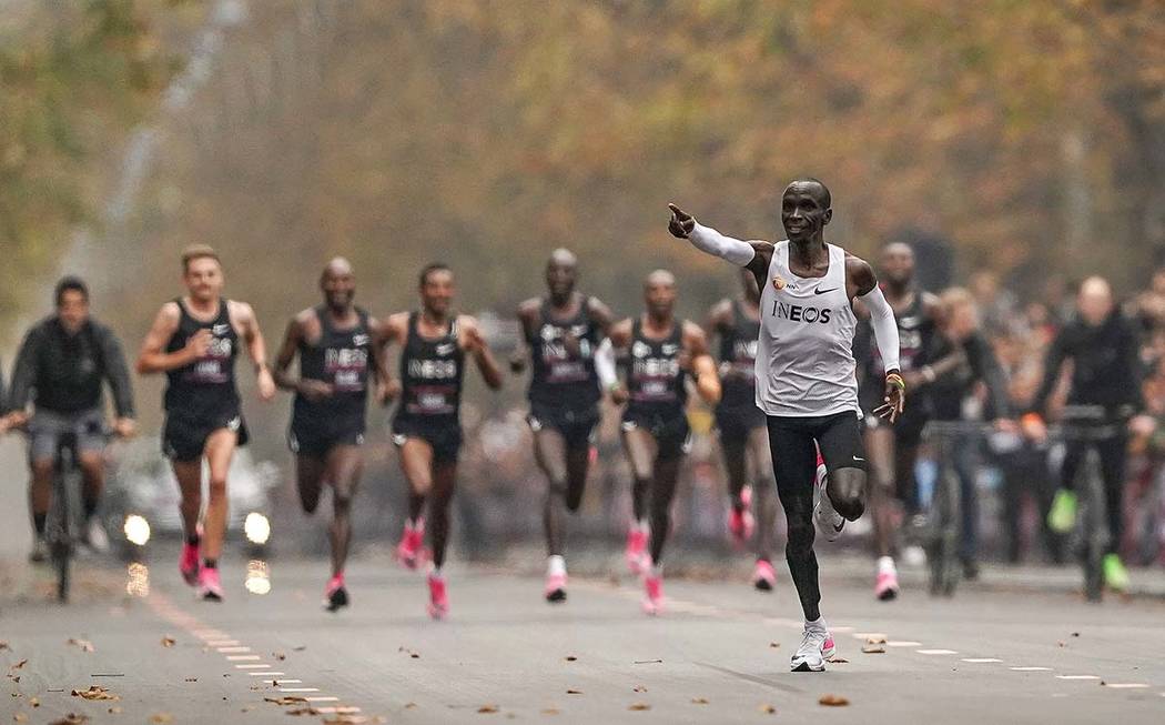 Eliud Kipchoge runs on his way to break the historic two hour barrier for a marathon in Vienna, ...