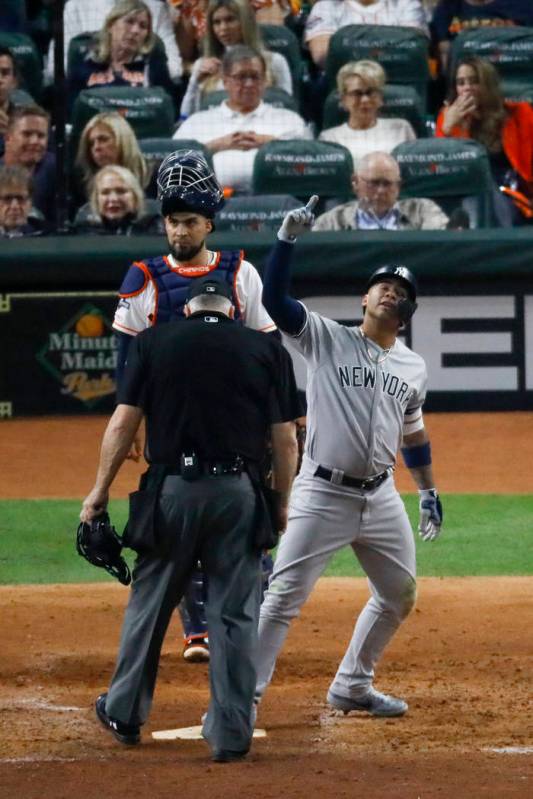 New York Yankees' Gleyber Torres celebrates after a run home run during the sixth inning in Gam ...