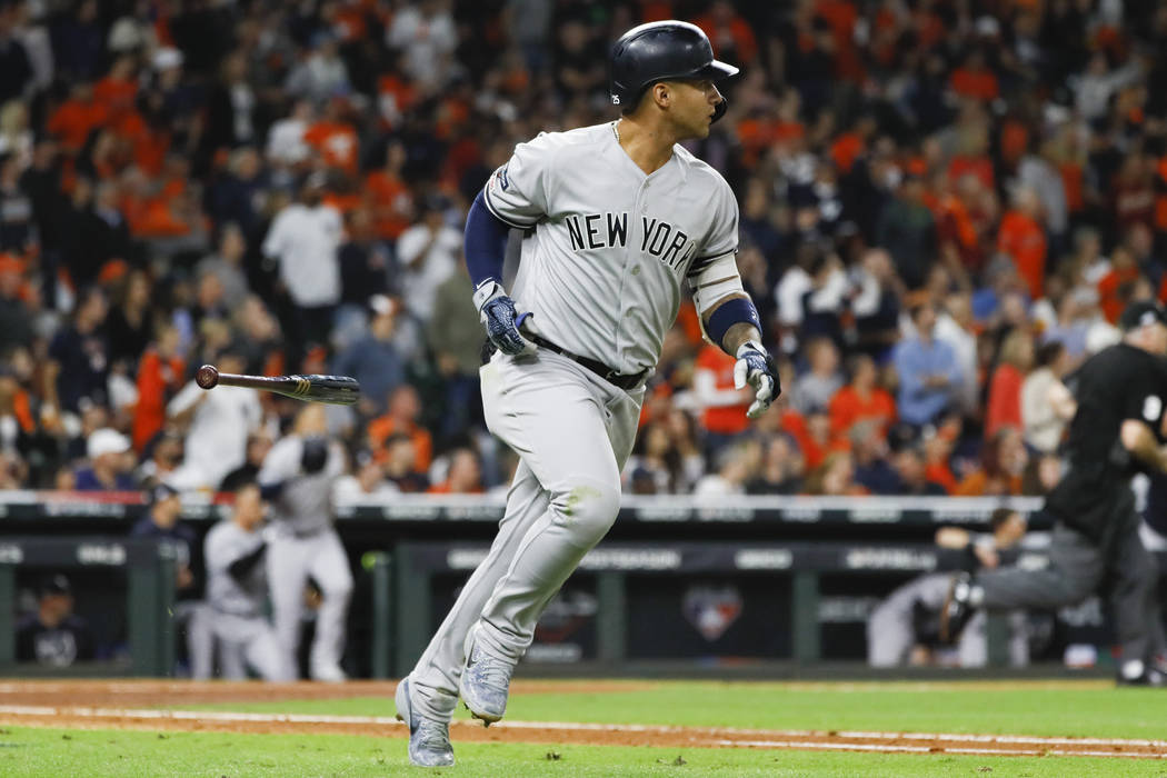 New York Yankees' Gleyber Torres rounds the bases after a run home run during the sixth inning ...