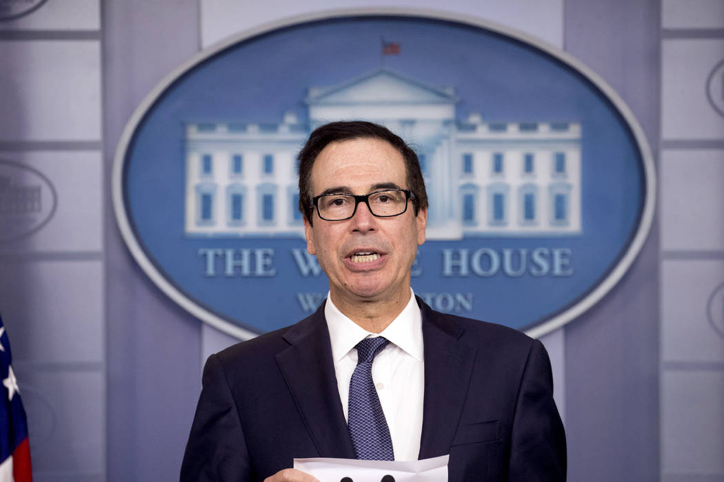 Treasury Secretary Steven Mnuchin speakd in the Briefing Room of the White House in Washington, ...