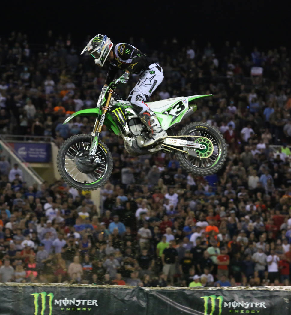 Eli Tomac competes in the 2018 Monster Energy Cup Race at Sam Boyd Stadium on Saturday, Oct. 13 ...
