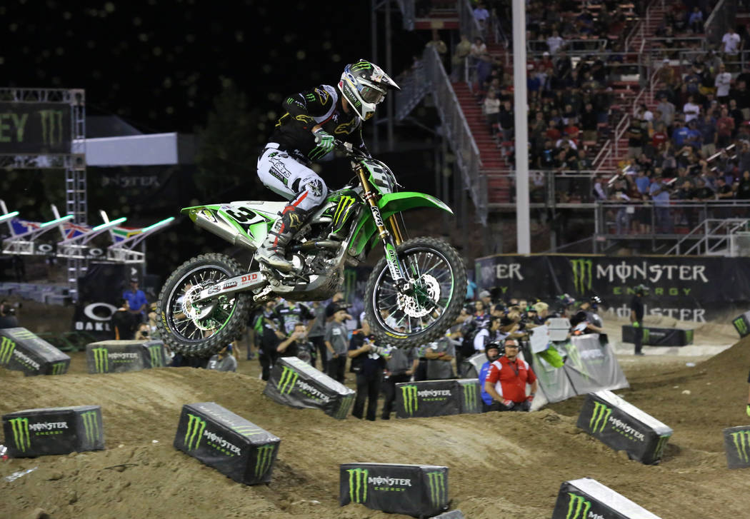 Eli Tomac competes in the 2018 Monster Energy Cup Race at Sam Boyd Stadium on Saturday, Oct. 13 ...