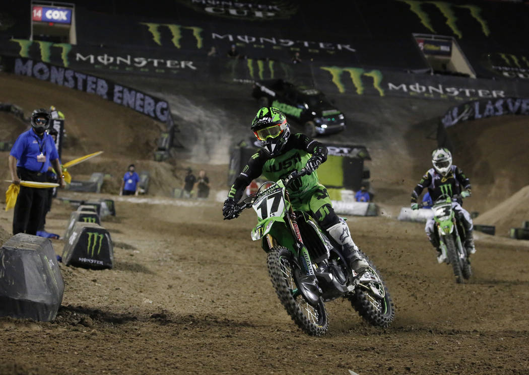 Eli Tomac (3) chases Joey Savatgy (17) during the 2018 Energy Cup Race at Sam Boyd Stadium on S ...