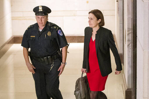 Former White House advisor on Russia, Fiona Hill, arrives on Capitol Hill in Washington, Monday ...