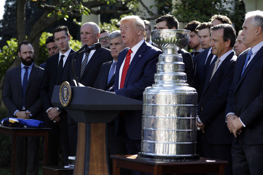President Donald Trump speaks during an event to honor the 2019 Stanley Cup Champions, the St. ...