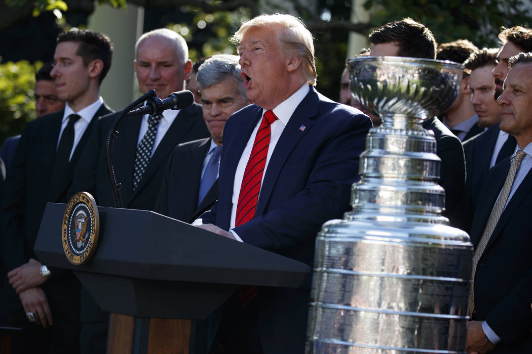 President Donald Trump speaks during an event to honor the 2019 Stanley Cup Champions, the St. ...