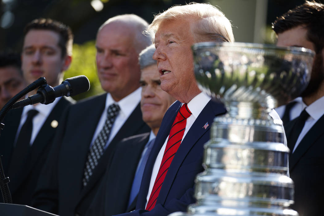 President Donald Trump speaks during an event to honor the 2019 Stanley Cup Champions, the St. ...