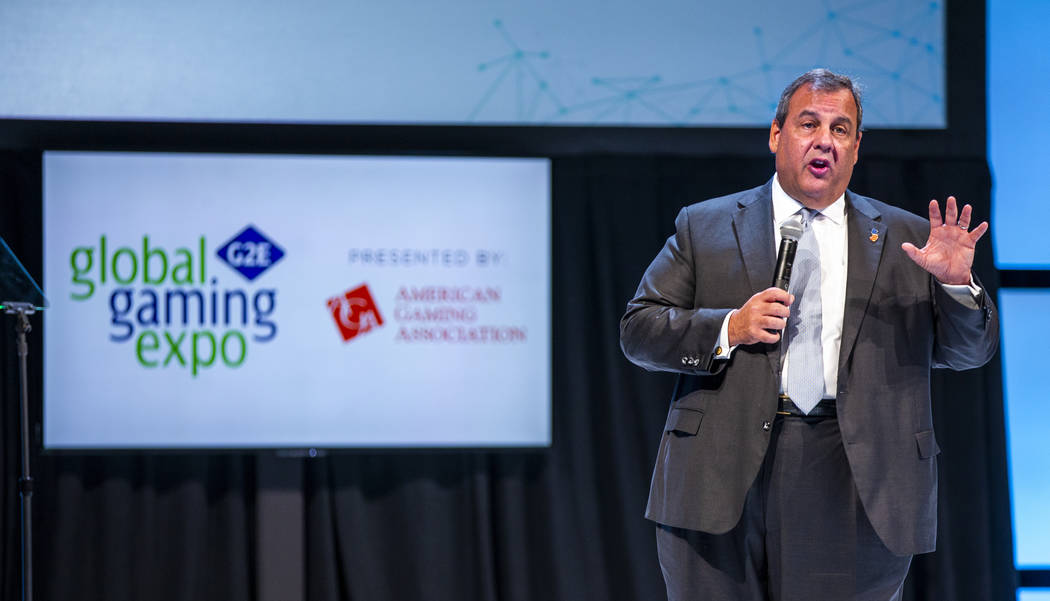 Former New Jersey Gov. Chris Christie gives a keynote address to attendees during the Global Ga ...