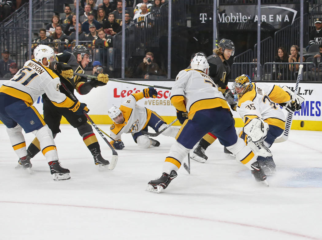 Vegas Golden Knights right wing Reilly Smith (19) scores a goal against Nashville Predators goa ...