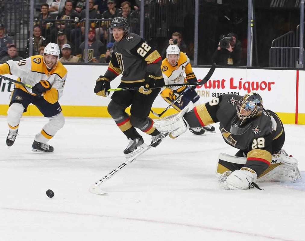 Vegas Golden Knights goaltender Marc-Andre Fleury (29) makes a save against Nashville Predators ...