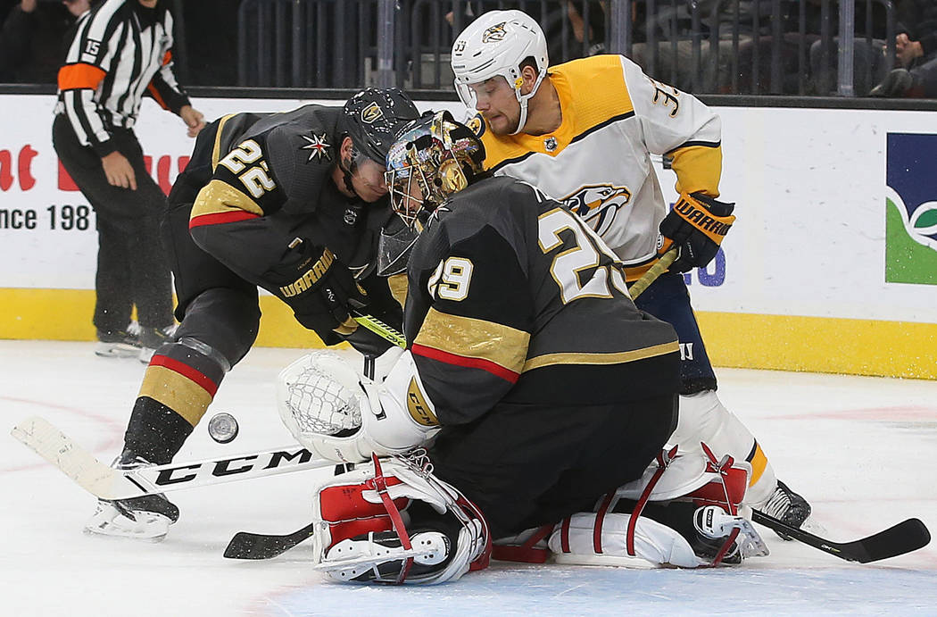 Vegas Golden Knights goaltender Marc-Andre Fleury (29) makes a save against Nashville Predators ...