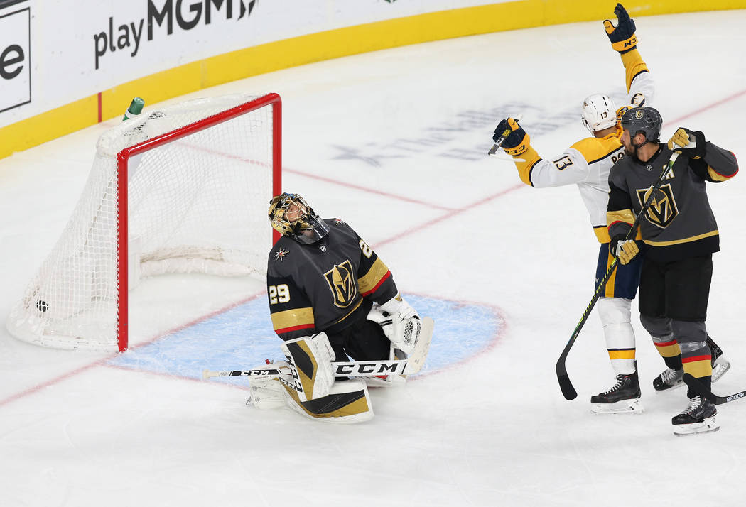 Nashville Predators center Nick Bonino (13) scores a goal against Vegas Golden Knights goaltend ...