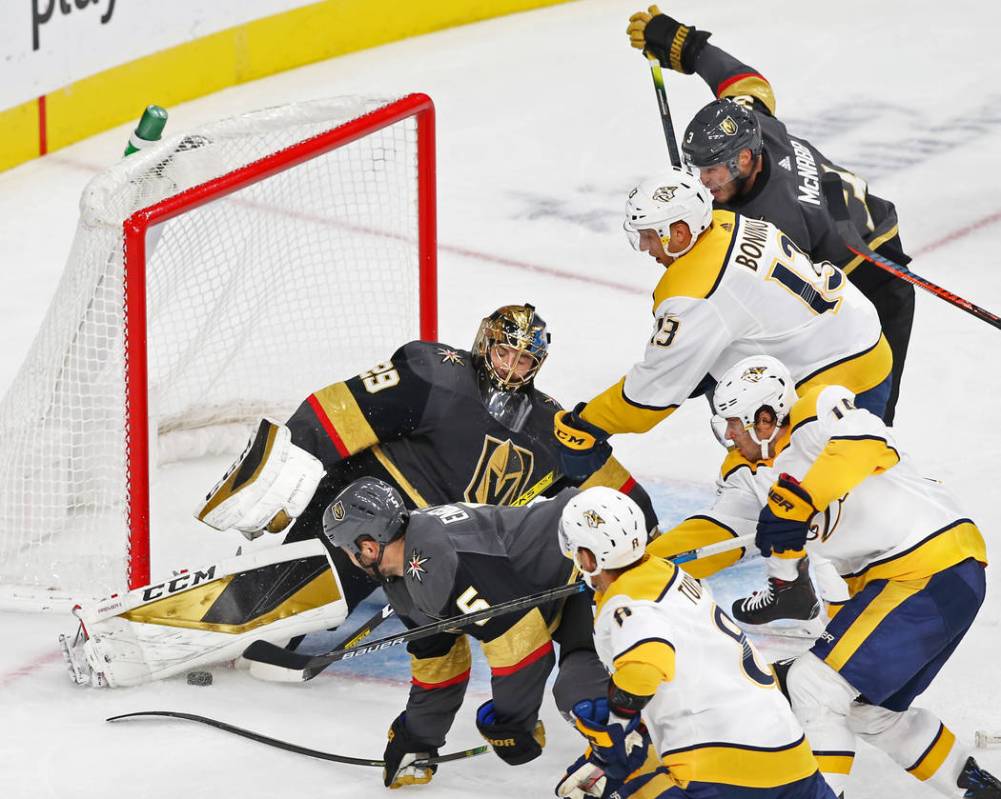 Vegas Golden Knights goaltender Marc-Andre Fleury (29) makes a save against Nashville Predators ...