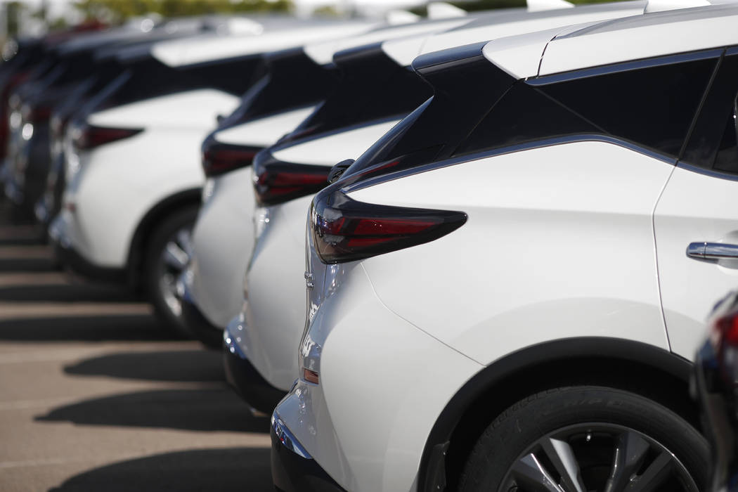 In this Aug. 25, 2019, photo unsold Murano sports-utility vehicles sit at a Nissan dealership i ...