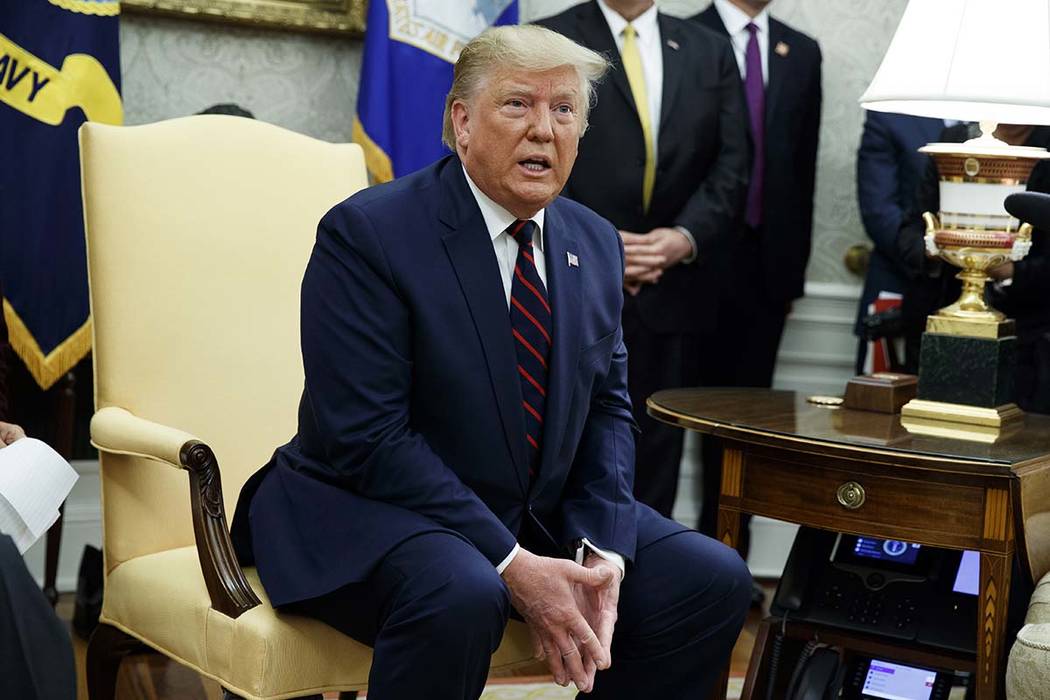 President Donald Trump speaks during a meeting with Italian President Sergio Mattarella in the ...