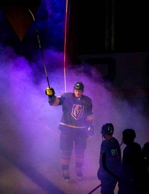 Vegas Golden Knights defenseman Nate Schmidt (88) is introduced to the fans before the start of ...