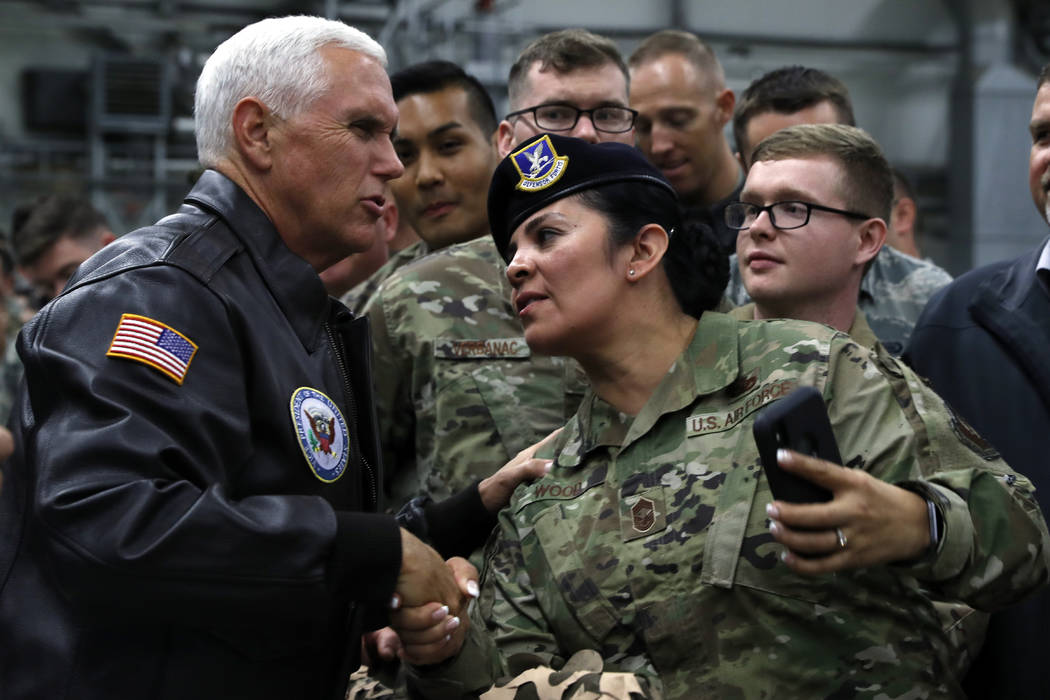 Vice President Mike Pence greets U.S. troops after speaking at Ramstein Air Force Base, Germany ...