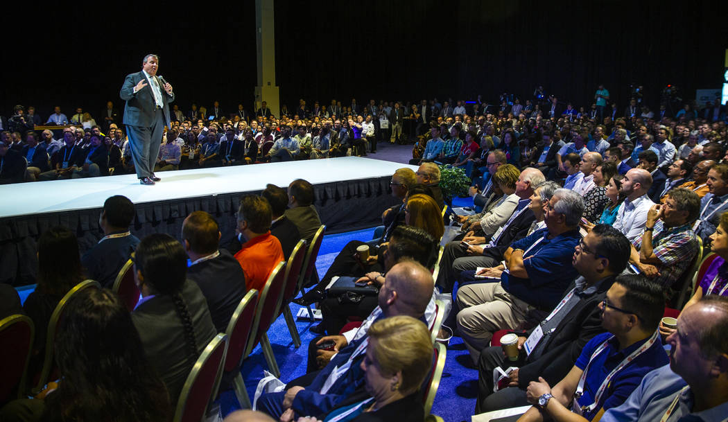 Former New Jersey Gov. Chris Christie gives a keynote address to attendees during the Global Ga ...