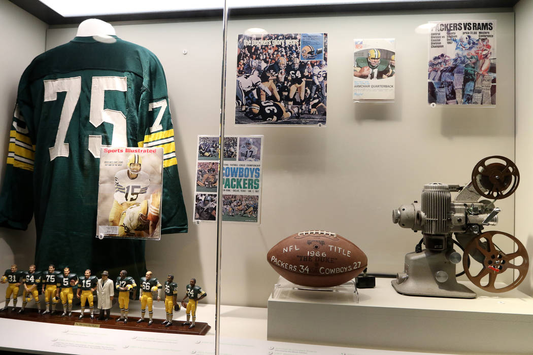 Green Bay Packer memorabilia at Lambeau Field in Green Bay, Wis., Friday, Oct. 18, 2019. (Heidi ...