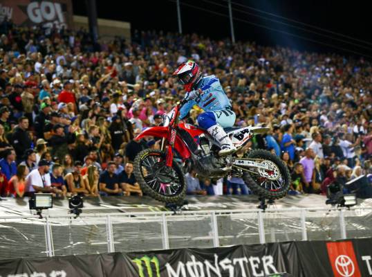 Vince Friese (64) competes during the first round of the Monster Energy Cup Supercross main eve ...