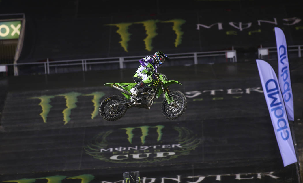 Eli Tomac (1) competes during the second round of the Monster Energy Cup Supercross main event ...