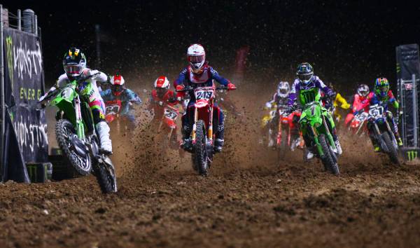 Adam Cianciarulo (9), Tim Gajser (243), and Eli Tomac (1) lead the pack during the third main e ...