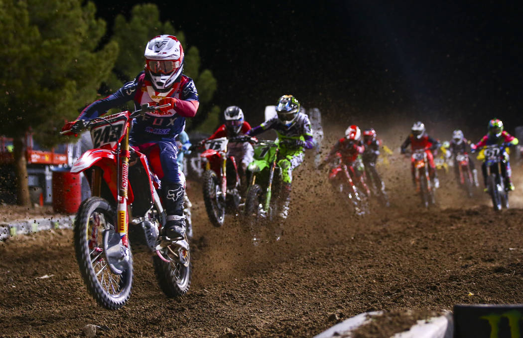 Tim Gajser (243) competes during the third main event of the Monster Energy Cup Supercross race ...