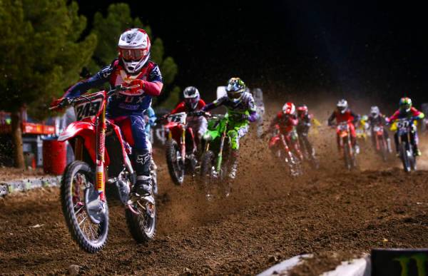 Tim Gajser (243) competes during the third main event of the Monster Energy Cup Supercross race ...