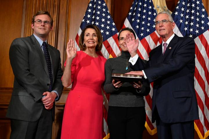 FILE - In this Jan. 3, 2019, file photo, House Speaker Nancy Pelosi of Calif., second from left ...