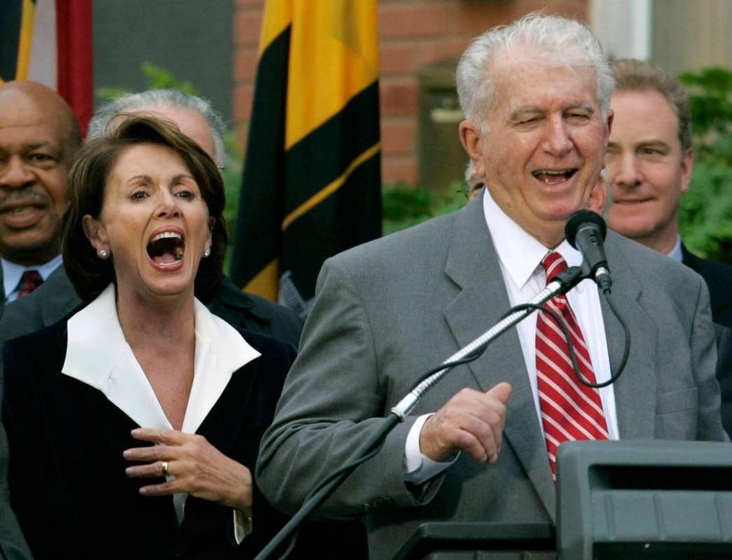 FILE - In this Jan. 5, 2007 file photo, Speaker of the House Nancy Pelosi, D-Calif., left, laug ...