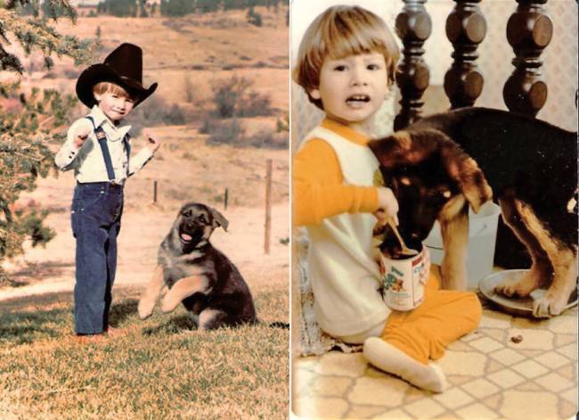Future Las Vegas police K-9 officer Jason Dukes, with a family pet at age 6 in 1983, left, and ...