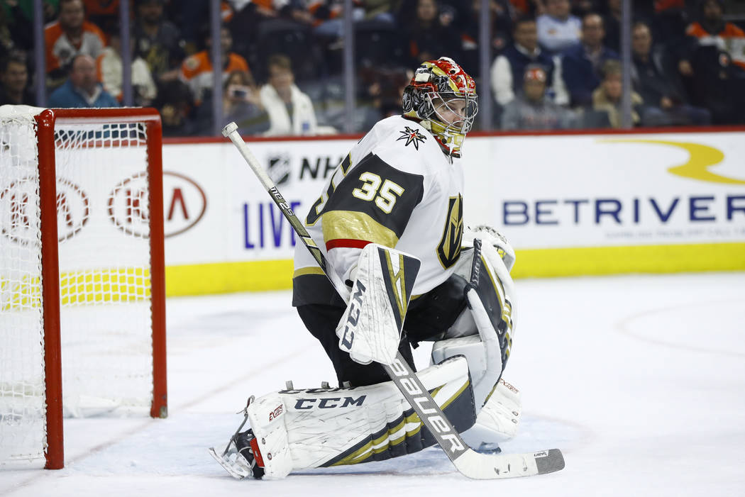 Vegas Golden Knights' Oscar Dansk in action during an NHL hockey game against the Philadelphia ...