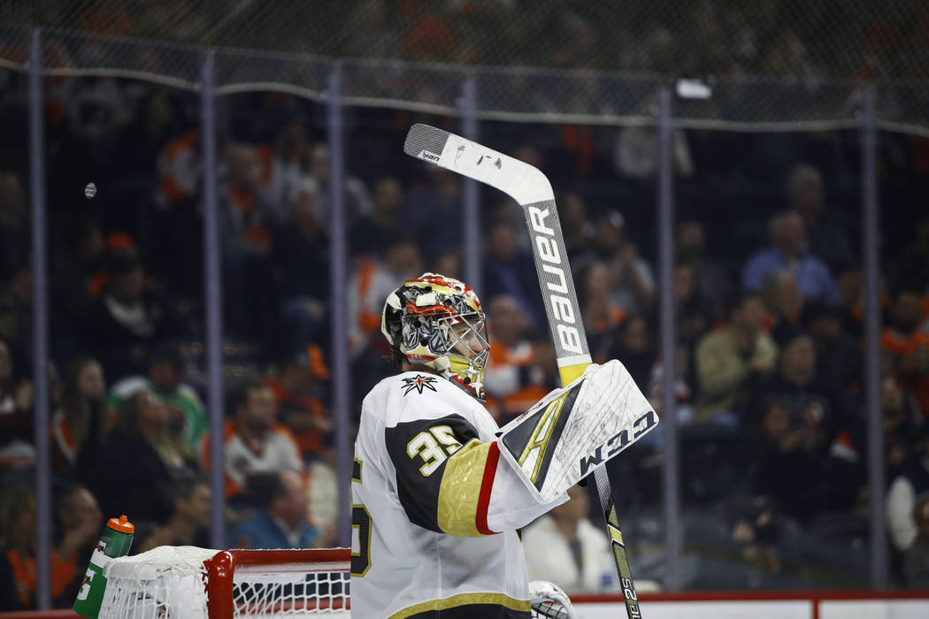 Vegas Golden Knights' Oscar Dansk in action during an NHL hockey game against the Philadelphia ...