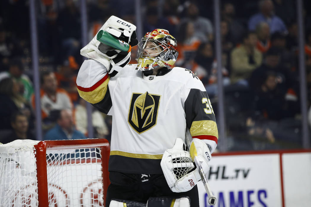 Vegas Golden Knights' Oscar Dansk in action during an NHL hockey game against the Philadelphia ...