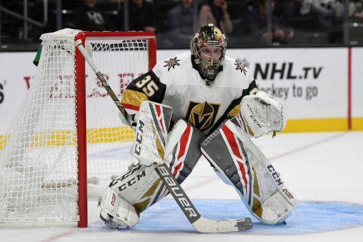 Vegas Golden Knights goalie Oscar Dansk, of Sweden, in action during a preseason NHL hockey gam ...