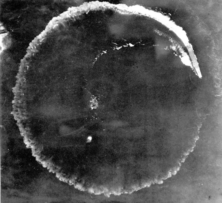 FILE - This June 1942 file photo shows an aerial photo of a Japanese carrier maneuvering in a c ...